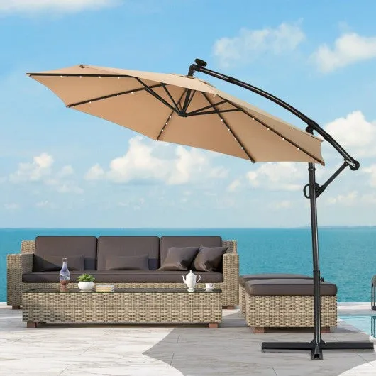 10FT 360° Rotation Solar Powered LED Patio Offset Umbrella-Beige