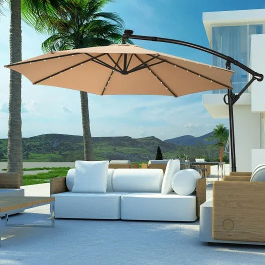 10FT 360° Rotation Solar Powered LED Patio Offset Umbrella-Beige