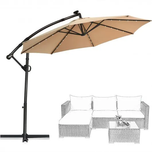 10FT 360° Rotation Solar Powered LED Patio Offset Umbrella-Beige