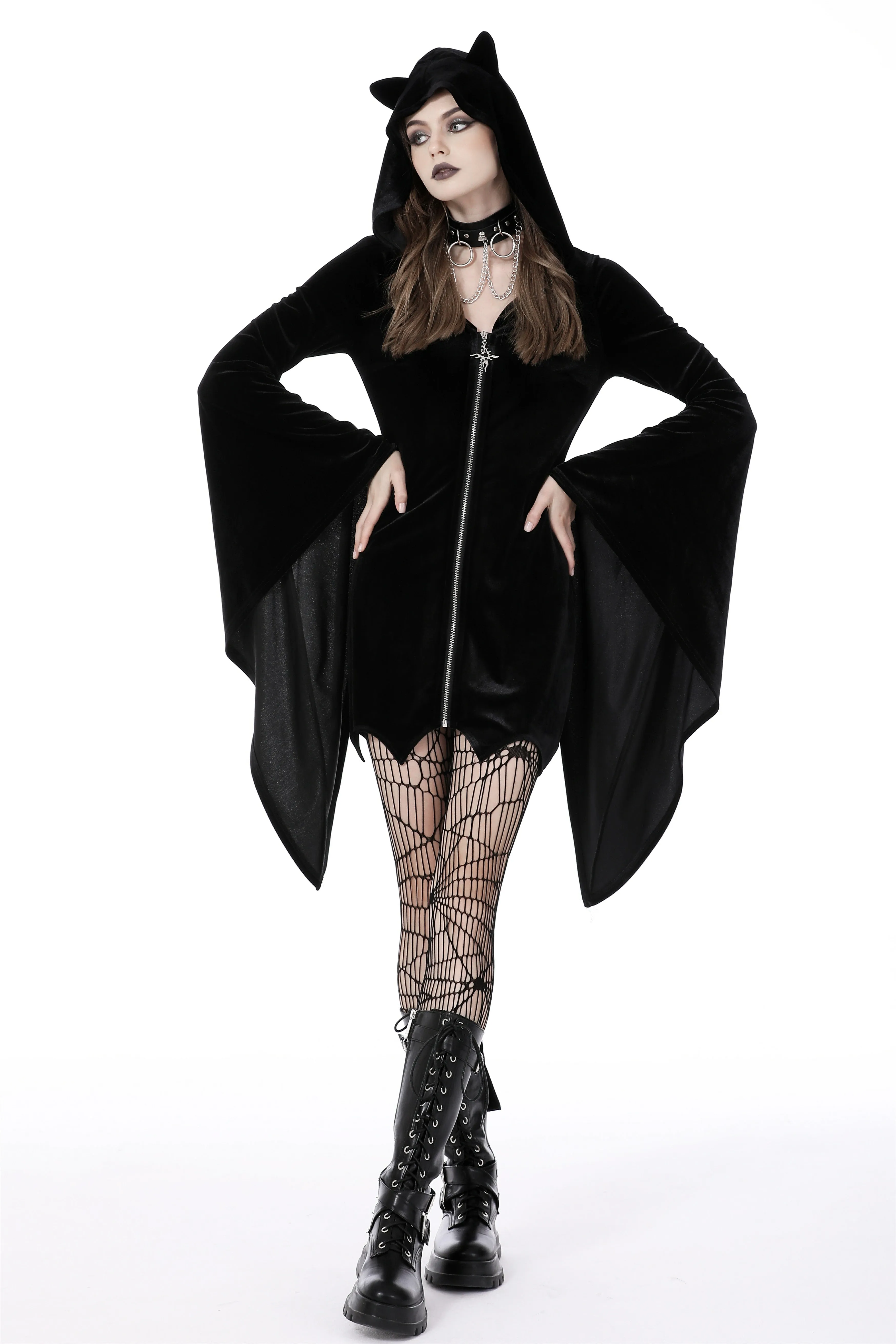 Cat ear bell sleeves hooded zip dress DW750