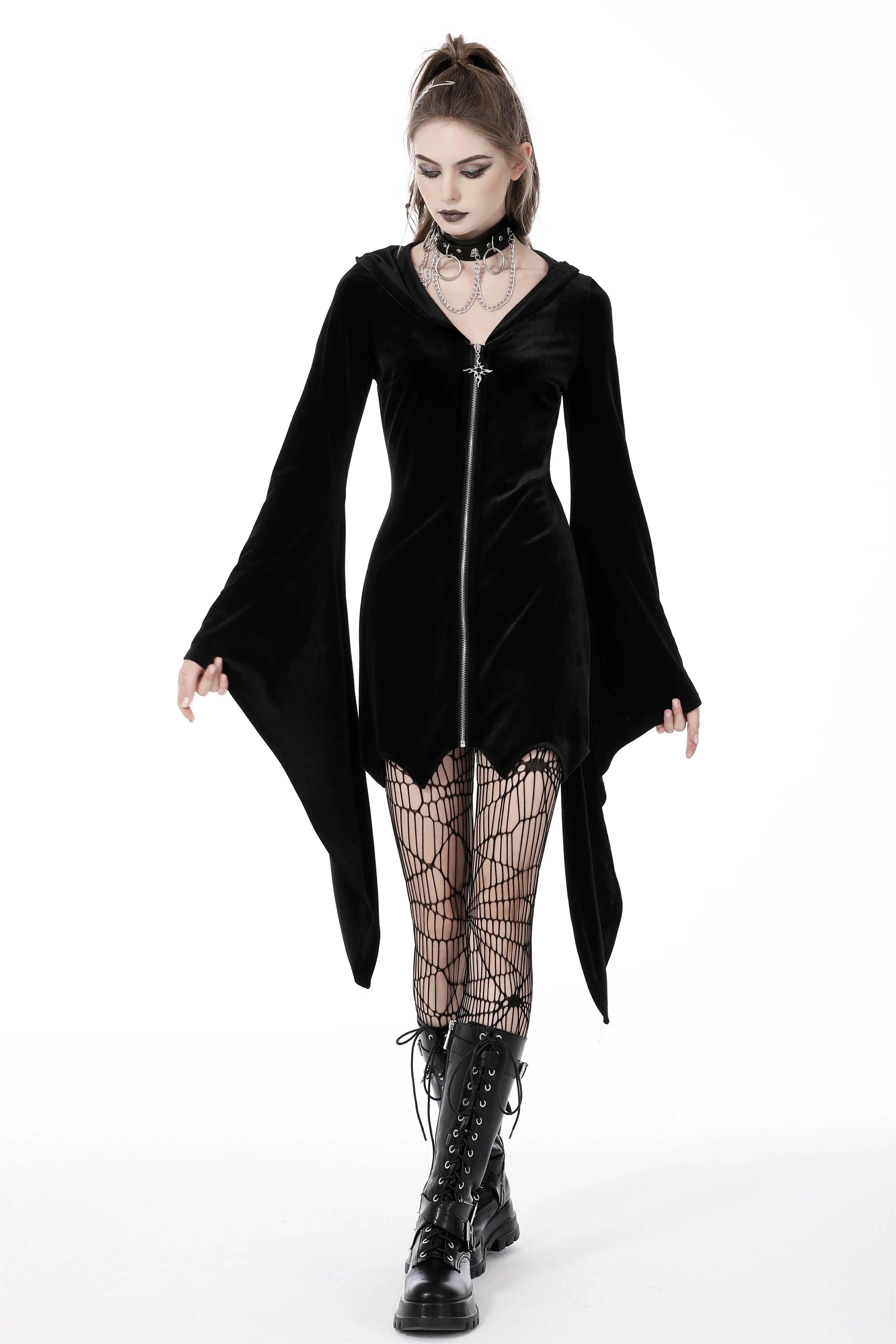 Cat ear bell sleeves hooded zip dress DW750