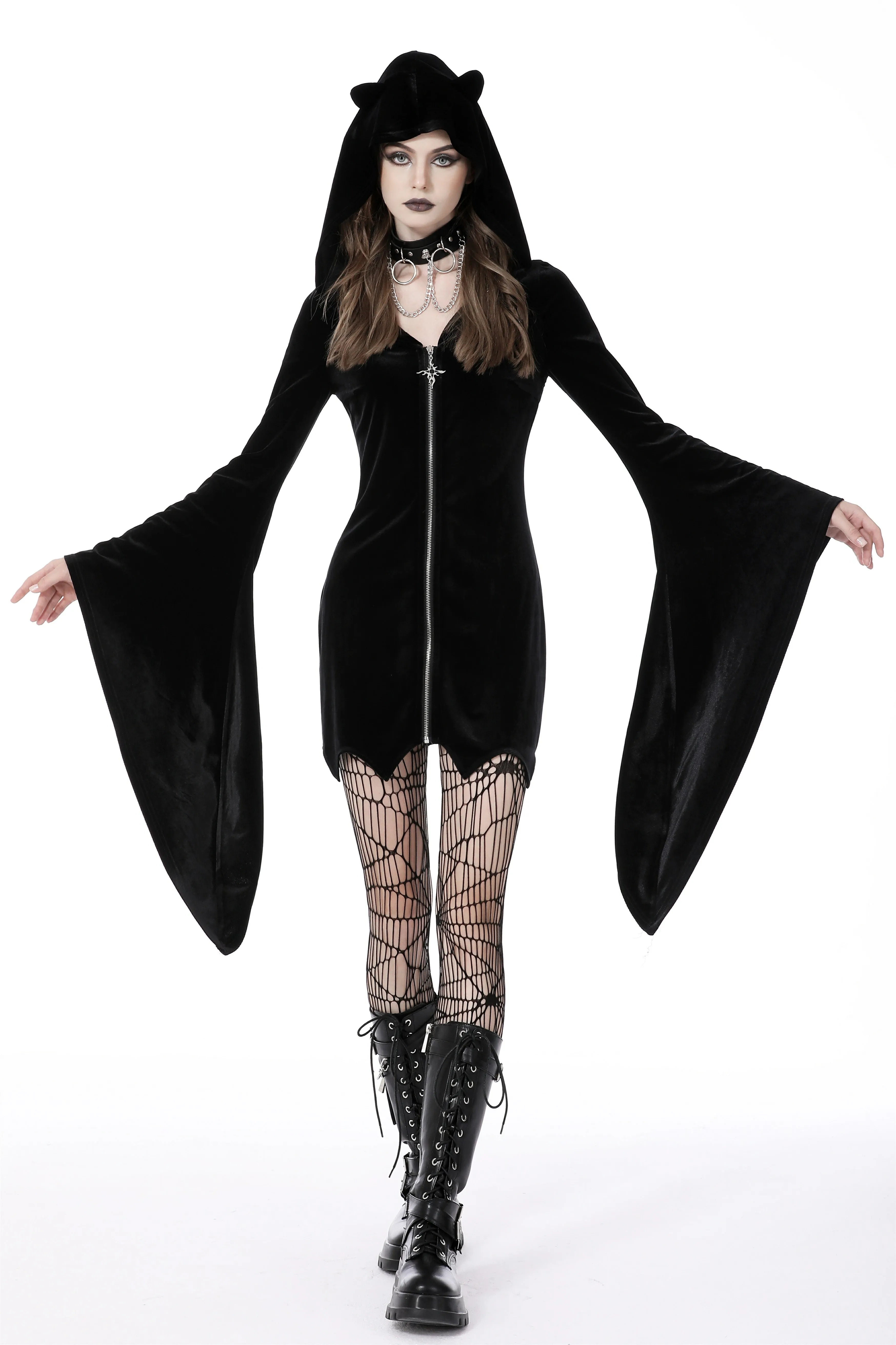 Cat ear bell sleeves hooded zip dress DW750