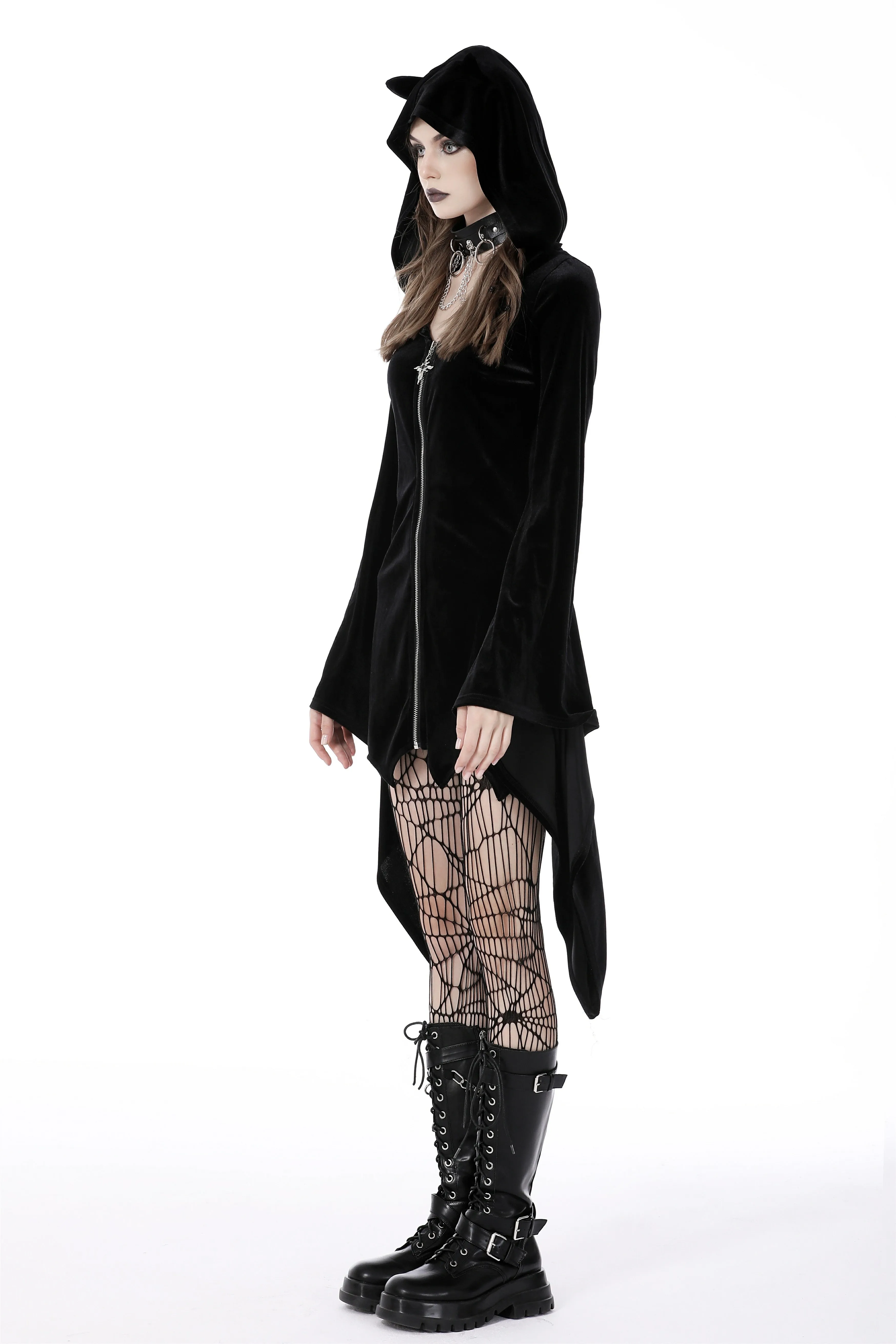 Cat ear bell sleeves hooded zip dress DW750