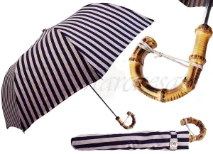 Dark Blue, & Dirty White Striped Men's Folding Umbrella - Bamboo Handle