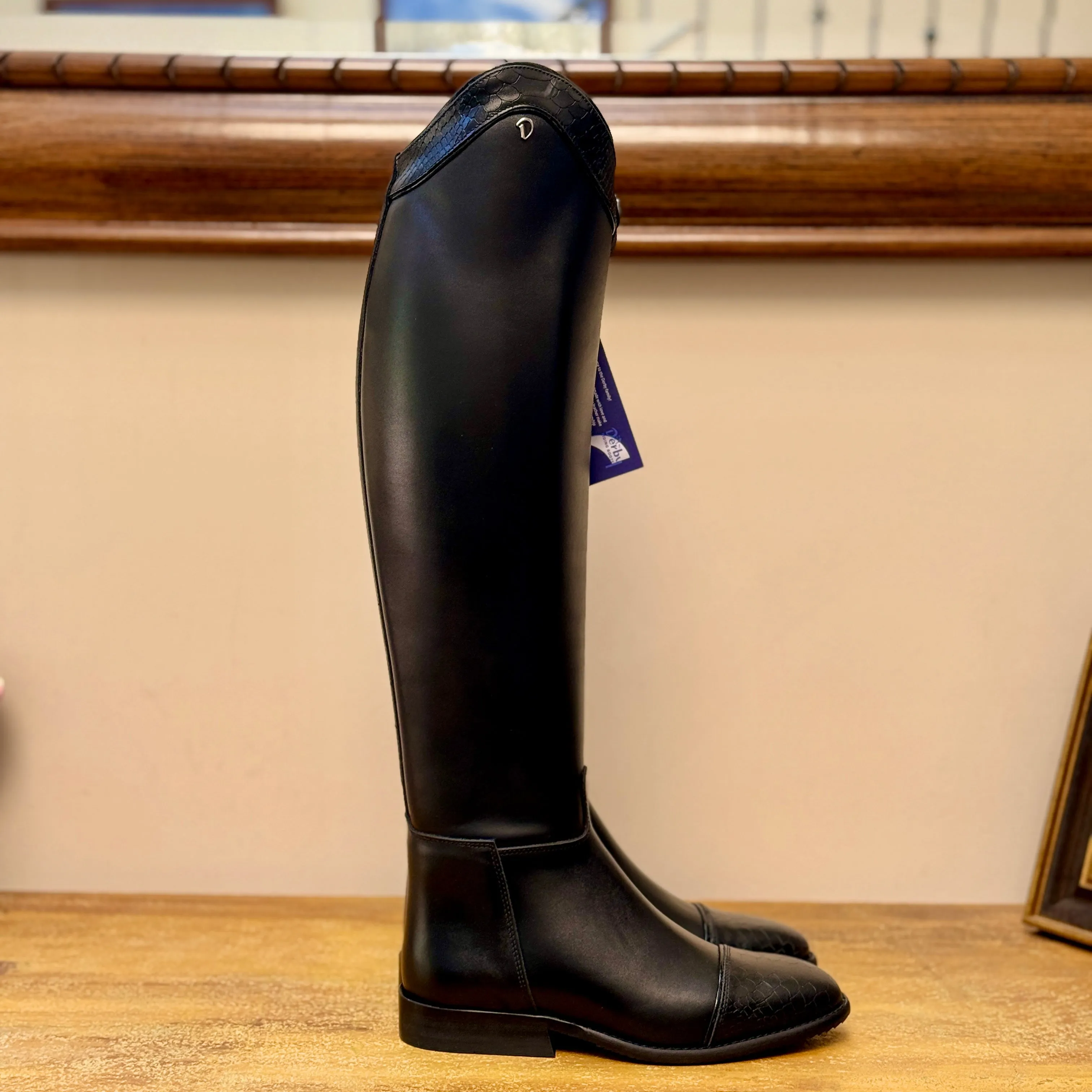 Derby Prestige Riding Boots - Black Leather with Black Croc Top Design