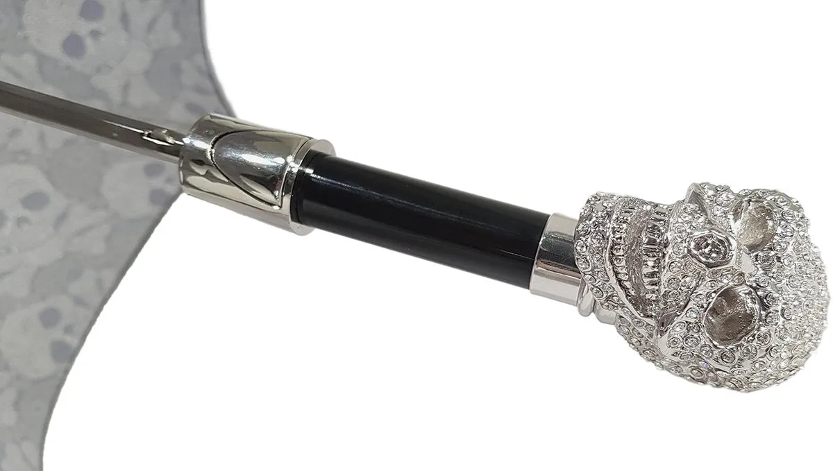 Lux Silver Swarovski Skull Folding Umbrella