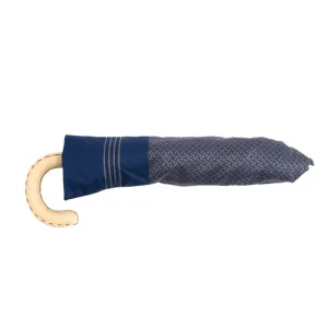 Patterned Navy Travel Umbrella with Leather Handle