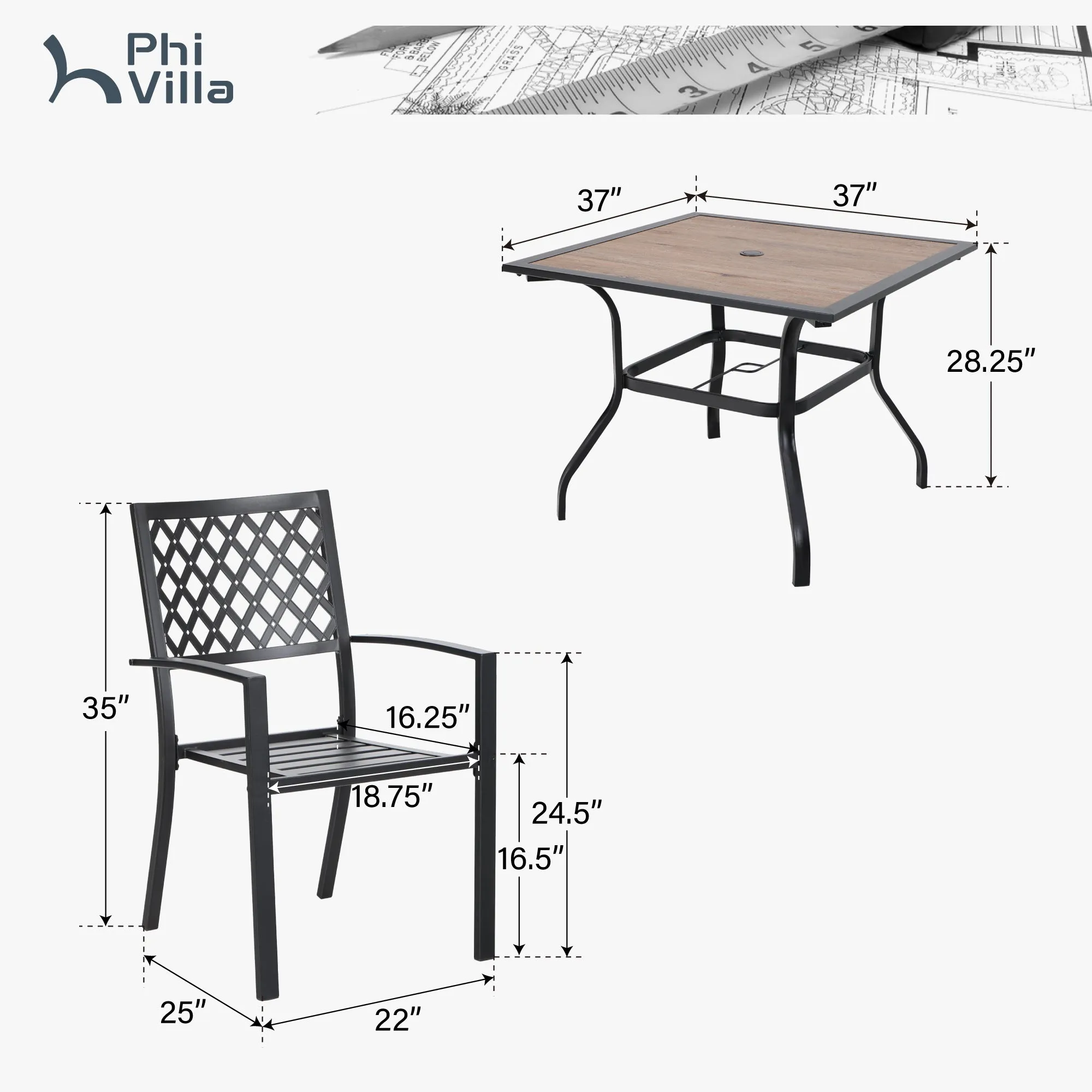 PHI VILLA 5-Piece Metal Patio Dining Set Wood-look Table and 4 Pattern Stackable Chairs