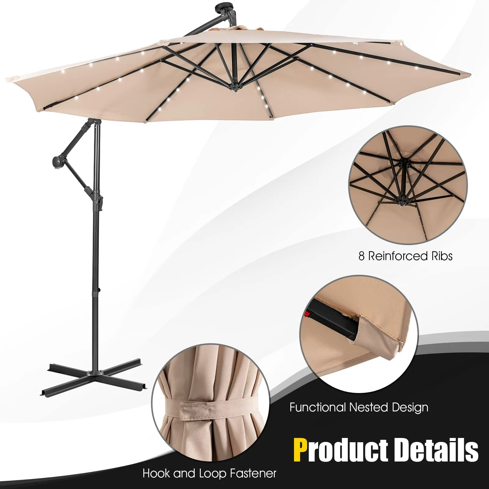 Tangkula 10 ft Cantilever Umbrella w/32 Solar-Powered LED Lights, Functional Tilting System & Hand-Crank Mechanism